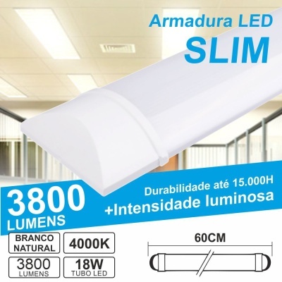 Armadura LED slim branca 60 cm com especificações técnicas e luz natural 4000K
