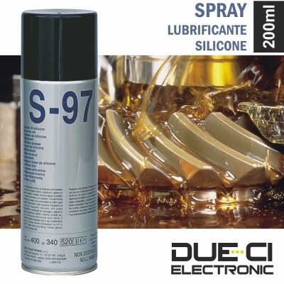Spray lubrificante silicone S-97 200ml com imagem de engrenagens e logotipo DUE•CI ELECTRONIC