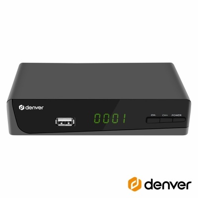 Receptor digital preto da marca Denver com ecrã digital e porta USB