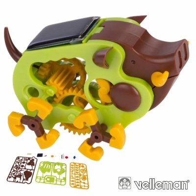Brinquedo solar touro com engrenagens, corpo verde e castanho e logotipo Velleman.