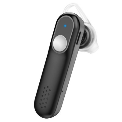 Auricular Bluetooth preto com botão prateado e luz azul