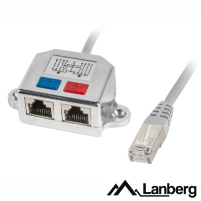 Divisor de cabo de rede Lanberg metálico com dois conectores RJ45 e botões azul e vermelho