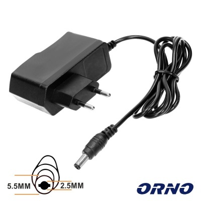 Carregador preto com ficha europeia e conector cilíndrico, diâmetro 5.5MM por 2.5MM, logótipo ORNO
