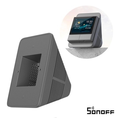 Dispositivo Sonoff cinza com ecrã digital a cores e informações meteorológicas