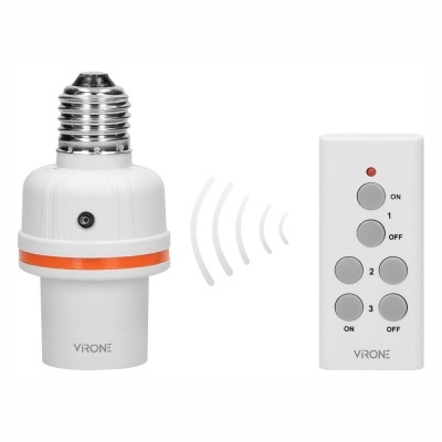 Lâmpada soquete com comando remoto branco e cinza e botões ON e OFF