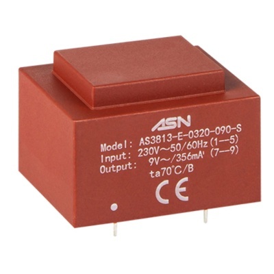 Transformador elétrico castanho ASN modelo AS3813-E-0320-090-S com especificações impressas