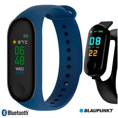 Duas smartbands com ecrãs digitais, azul e preta, mostrando hora e data