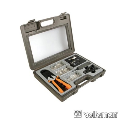 Estojo cinzento com ferramenta e terminais metálicos