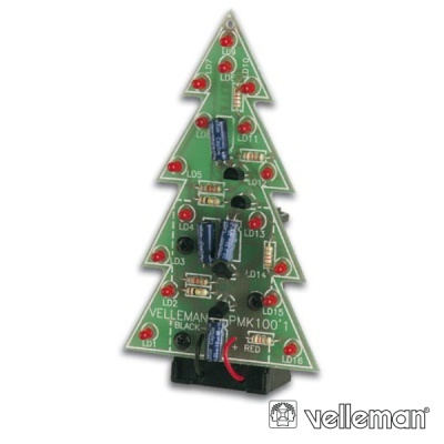 Placa eletrónica verde em forma de árvore de Natal com LEDs vermelhos e componentes eletrónicos