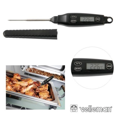 Termómetro digital de cozinha preto com ponta metálica e ecrã LCD mostrando 22.6°C