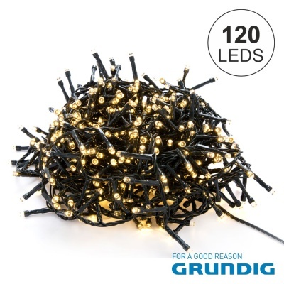 Cadeia de luzes LED com 120 lâmpadas amarelas em fios pretos sobre fundo branco