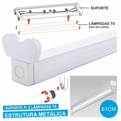 Suporte metálico branco para 2 lâmpadas T8, 61 cm, com instruções e texto explicativo