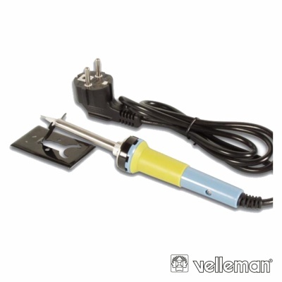 Ferro de soldar com pega amarela e azul e cabo preto com ficha europeia