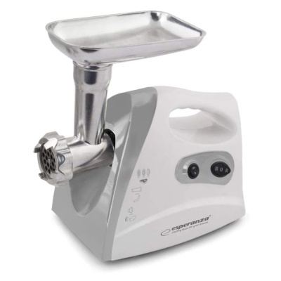 Máquina de moer carne eléctrica branca com componentes metálicos