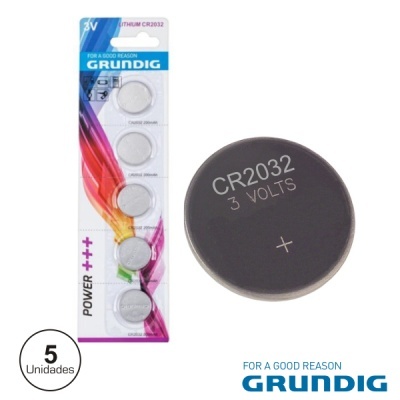 Pacote de 5 pilhas botão Grundig CR2032 3V e uma pilha ampliada preta com texto