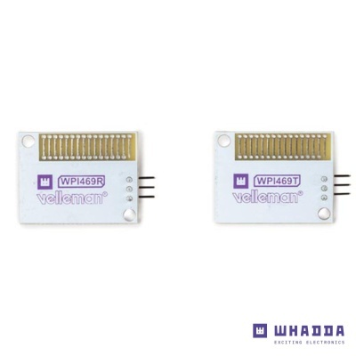 Dois módulos eletrónicos Velleman brancos com contactos dourados e pinos laterais