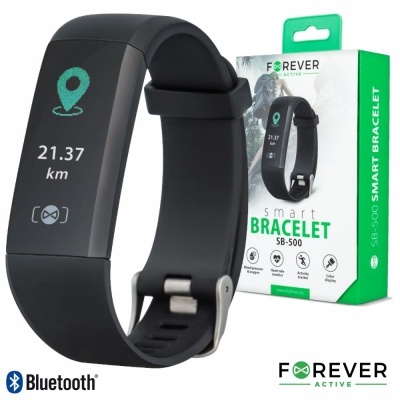 Pulseira inteligente preta FOREVER ACTIVE SB-500 com ecrã digital e embalagem ao fundo