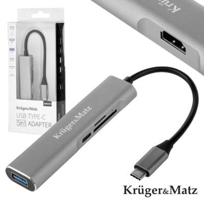 Adaptador USB Type-C cinza Krüger&Matz com várias portas e embalagem branca