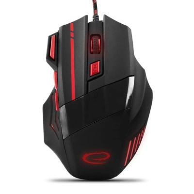 Rato gaming preto com detalhes vermelhos e iluminação