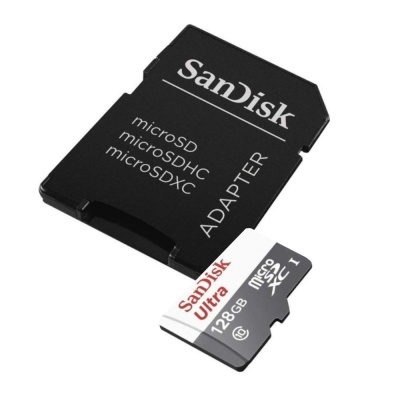 Cartão microSD SanDisk Ultra de 128 GB com adaptador em fundo branco