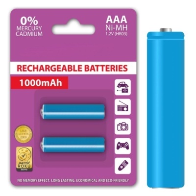 Embalagem roxa de pilhas recarregáveis AAA Ni-MH 1.2V com duas pilhas azuis
