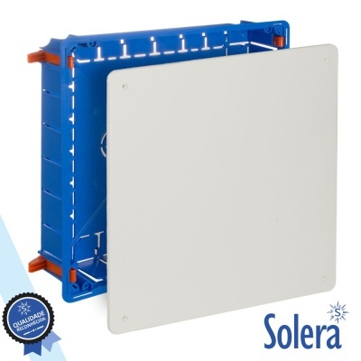 Caixa de embutir azul com tampa branca e logótipo Solera