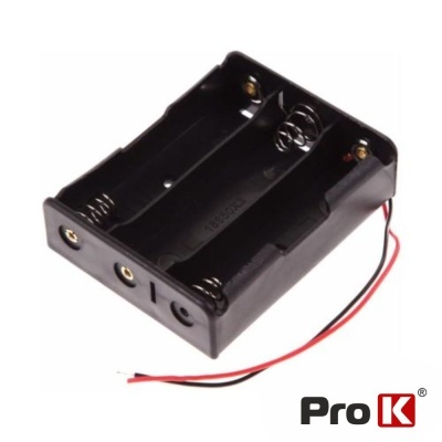 Suporte preto para quatro pilhas AAA com fios e logo ProK