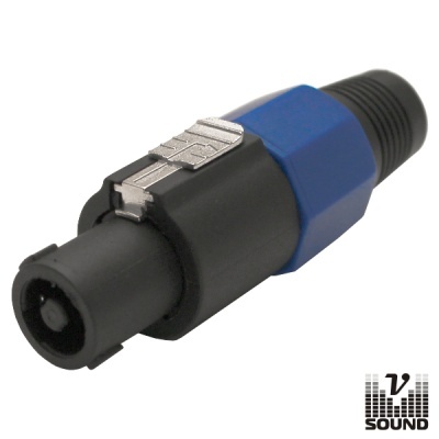 Conector áudio preto com pormenor azul e fecho metálico prateado