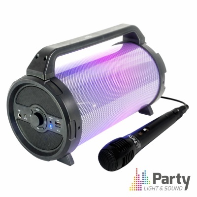 Coluna de som cylindrical com iluminação LED roxa e microfone preto Party LIGHT & SOUND