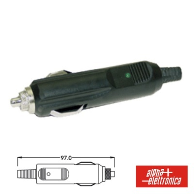 Conector preto de tomada de isqueiro com detalhe metálico e esquema técnico