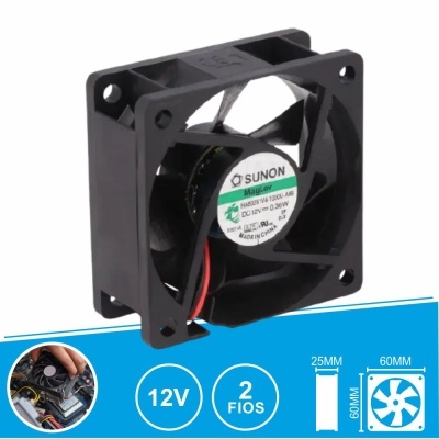 Ventoinha preta de computador Sunon DC 12V 60x60x25mm com 2 fios
