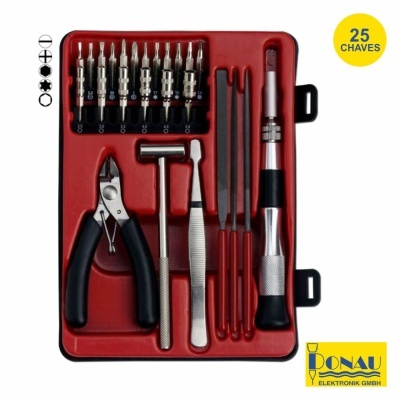 Conjunto de ferramentas de precisão organizadas em estojo vermelho com 25 chaves e logótipo Donau
