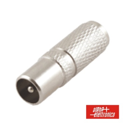 Adaptador metálico prateado texturizado com logo alpha elettronica em fundo branco