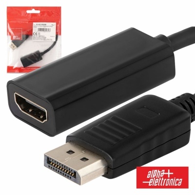 Cabo adaptador DisplayPort para HDMI preto com embalagem vermelha e logotipo alpha-elettronica