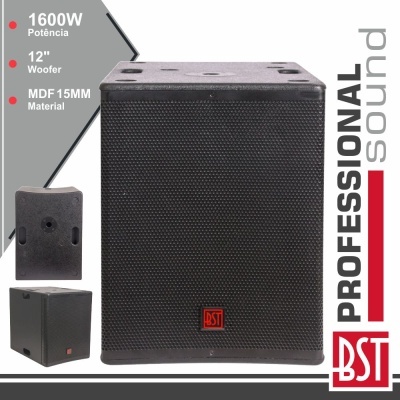 Coluna de som profissional preta com woofer 12 polegadas e potência 1600W BST