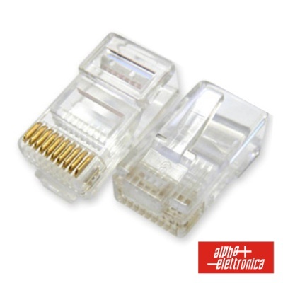Conector RJ45 transparente com contactos dourados para cabos de rede