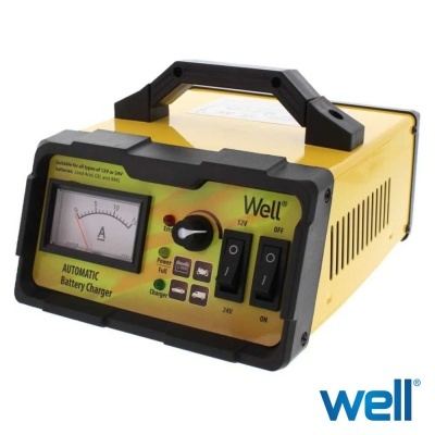 Carregador automático de baterias Well amarelo com indicador analógico e botões