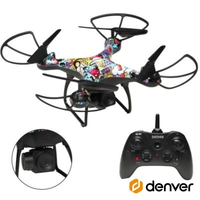 Drone colorido com hélices e comando preto da marca DENVER