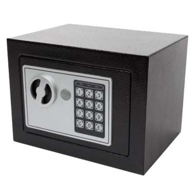 Cofre preto com fechadura digital e manual de segurança