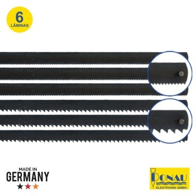 Seis lâminas pretas para serra com texto '6 LÂMINAS' e 'MADE IN GERMANY'