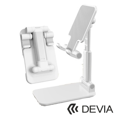 Suporte branco ajustável para telemóvel com textura anti-deslizante e logótipo DEVIA.