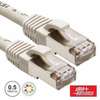 Cabo de rede Ethernet cinza com conectores RJ45 e logótipo alpha+ elettronica