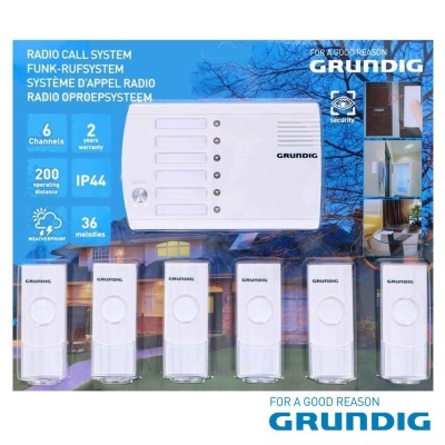 Sistema de chamada por rádio Grundig com 6 campainhas e painel branco em embalagem azul