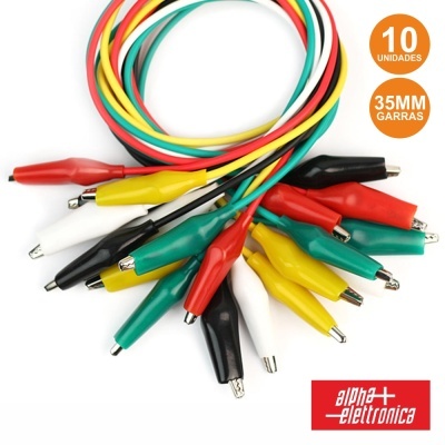 Cabos com garras crocodilo coloridas de 35mm e 10 unidades, embalagem e logo Alpha Elettronica