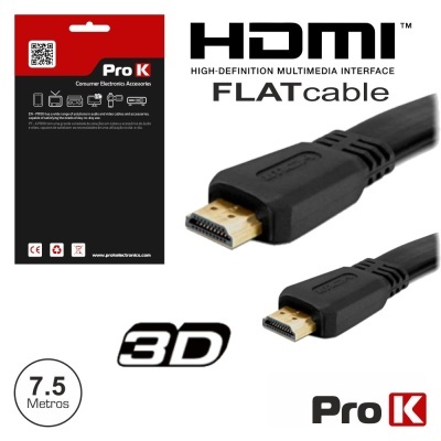 Cabo HDMI plano preto de 7,5 metros com embalagem preta e vermelha da marca Pro K
