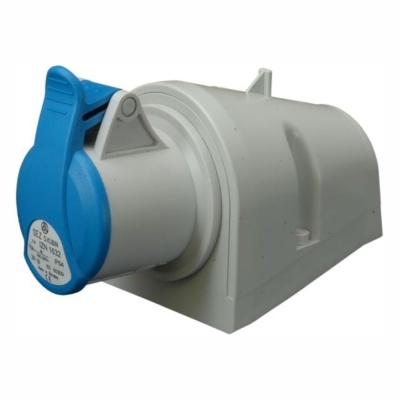 Tomada industrial de parede cinzenta com tampa azul