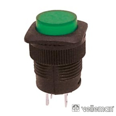 Botão de pressão verde com corpo preto e três terminais metálicos