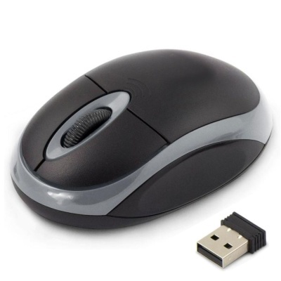 Rato de computador sem fios preto e cinzento com recetor USB.