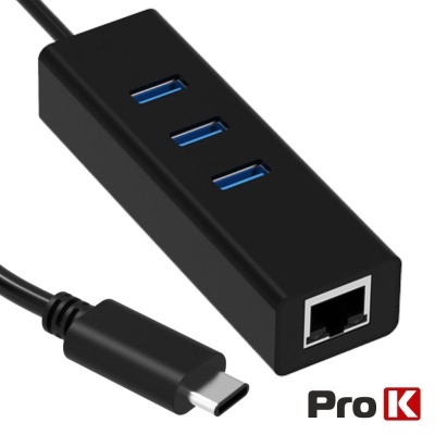 Hub USB preto com três portas USB 3.0 azuis e uma porta Ethernet, cabo USB-C e logótipo Pro K.