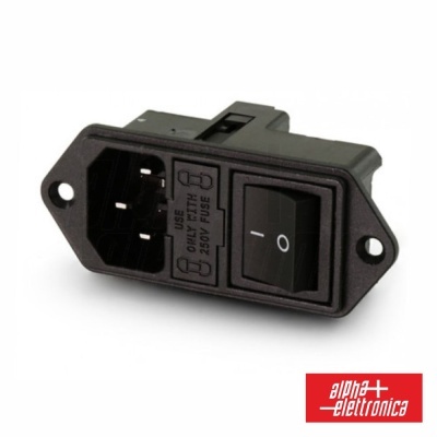 Tomada elétrica preta com interruptor, etiquetas e logótipo Alpha Elettronica